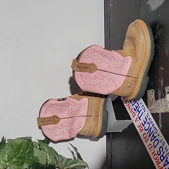 John Deere Other - JOHN DEERE Pull On Pink Tan Leather Western Boots 12M Boys